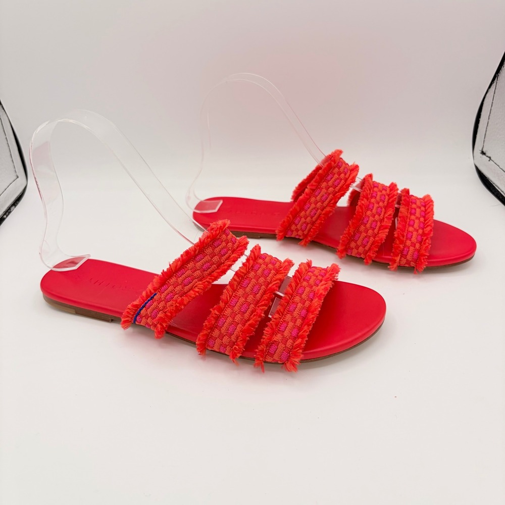 Rothy's NWOT The Triple Band Slide Size 7 Boho Red Pink Frayed Flat Sandals